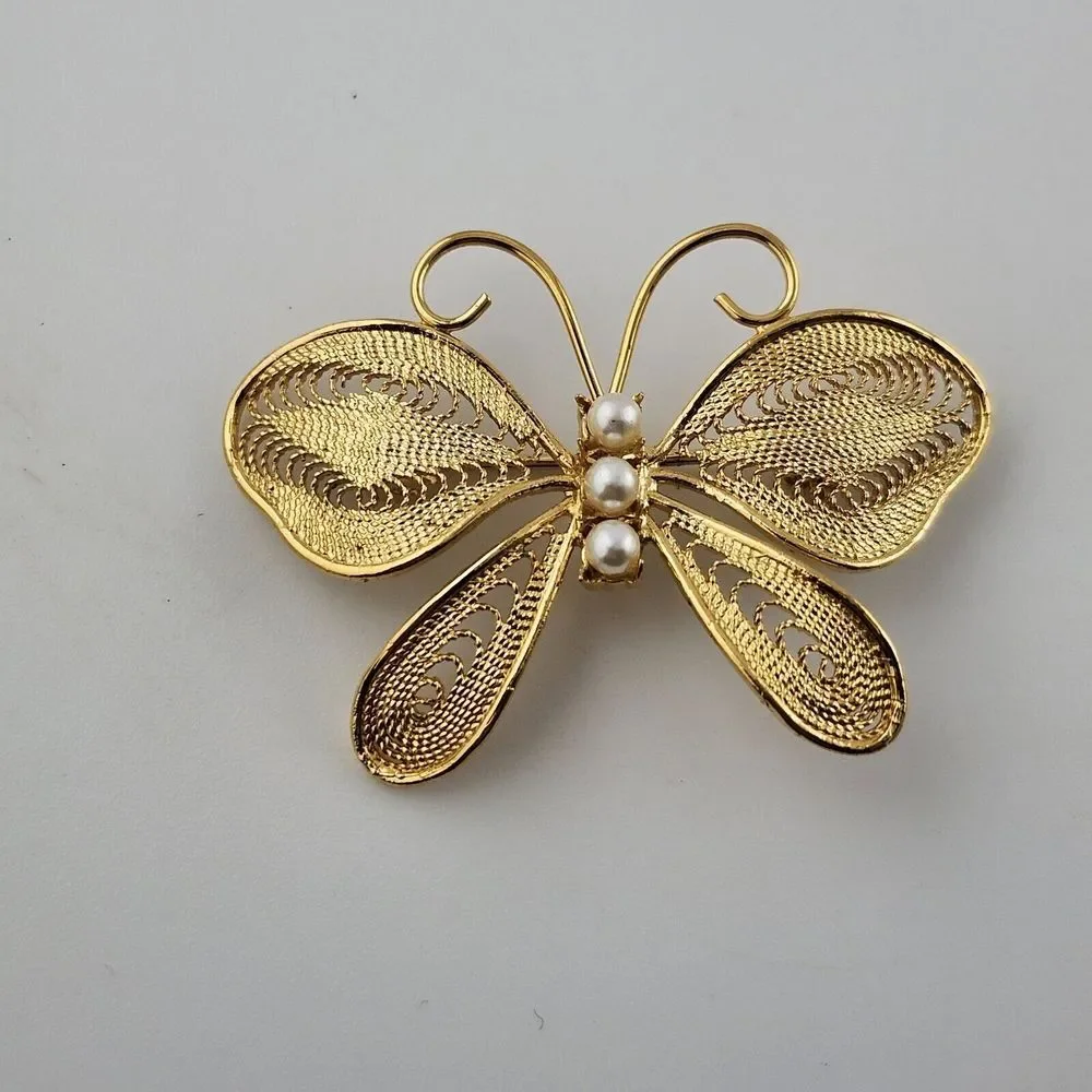 Napier Butterfly Brooch Pin Filigree Gold Tone Faux‎ Pearl Vintage